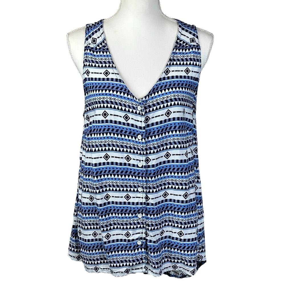 Kavu Top Women Medium Blue White Viscose 
Coastal Casual Button Front Blouse